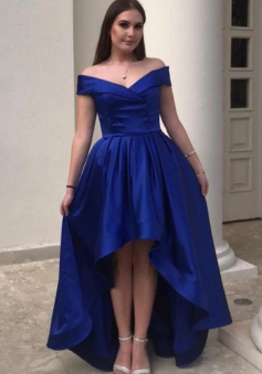 Off Shoulder High Low Blue Satin Long Prom Dress