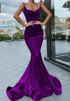 Spaghetti Straps Purple Mermaid Long Prom Dresses