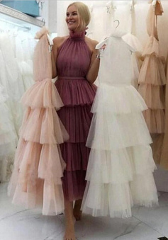 Simple Halter Tulle Tea Length Evening Dress