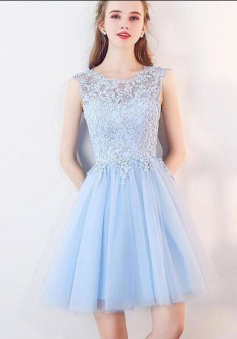 Cute Light Blue Tulle Round Neckline Lace Short Formal Dress