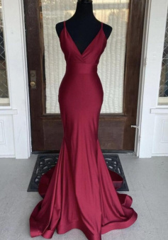 Spaghetti Strap Burgundy Formal V Neck Prom Dress