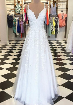 Sexy V Neck A Line White Lace Prom Dresses