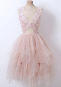 Sexy V Neck Pink Lace Knee Length Tulle Party Dresses