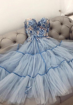 A Line Blue Tulle Tea Length Prom Dress