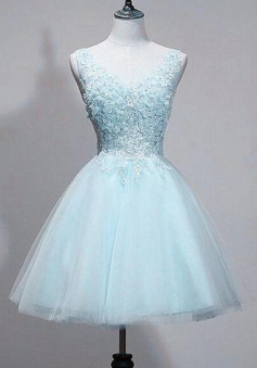 Light Blue Lace Applique Tulle Short Homecoming Dress