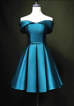 Off Shoulder Blue Satin Knee Length Short Prom Dress