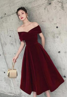 Off Shoulder Tea Length Wine Red Velvet Evening Dress
