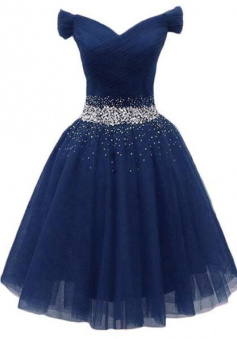 Off Shoulder Navy Blue Tulle Homecoming Dress