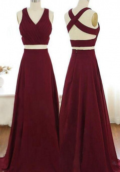 Two Piece Wine red prom dress chiffon evening dress