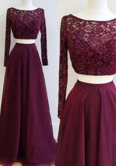 Two Piece Burgundy Chiffon prom dress With Long Sleeves