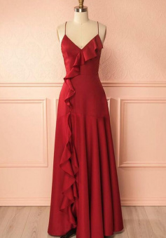 Spaghetti Straps Red Satin Prom Dresses with Ruffle