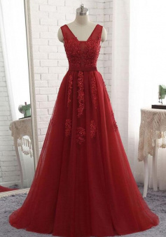 A-Line Red ball gowns Long Tulle Prom Dress