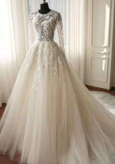Mermaid Long Sleeve Illusion Bodice Tulle Lace Ball Gown Wedding Dress