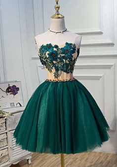 Deep green tulle sweetheart short prom dress with appliqués