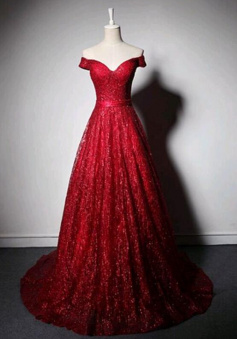 Off shoulder burgundy long sequins evening dress