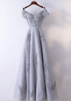 A Line Gray tulle lace applique evening dress