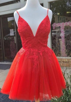 A Line V Neck Red Lace Short Lace Homecoming Dress