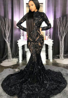 Mermaid Long Sleeve High Neck Shiny Black Girl Prom Dresses