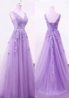 Cute Lace Lavender Long Formal Evening Dress