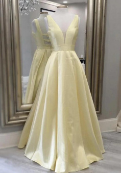 Floor Length Yellow satin long prom dress