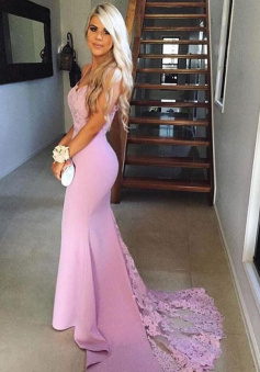 Sheath Mermaid Lace Long Pink Prom Dress