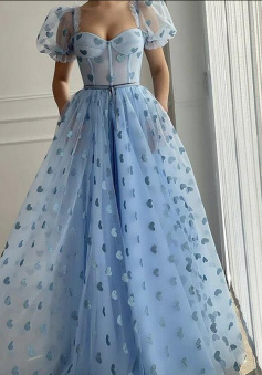 A-line Blue Tulle Long Prom Dresses