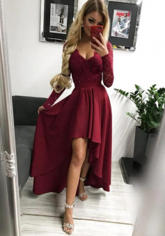 High Low Burgundy/Navy Blue Lace Prom Dresses With Long Sleeves