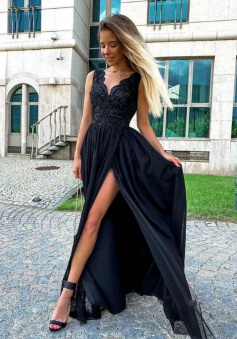A Line Black v neck chiffon lace long prom dress