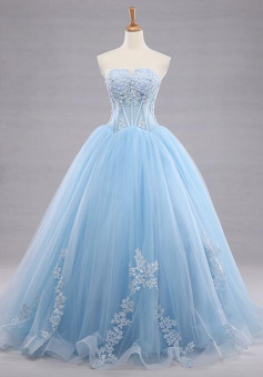 Floor Length v neck blue tulle prom dress with lace