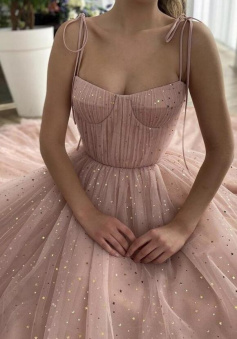 A line Pink tulle tea length prom dress