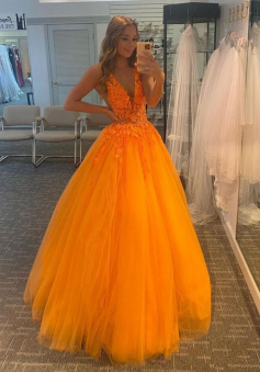 A Line Orange v neck tulle long prom dress with lace