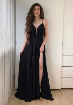 A Line Black V Neck Chiffon Evening Dress