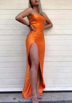 Sheath Strapless High Slit Long Prom Dress