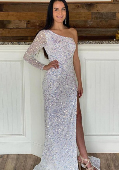 One Shoulder Sequins Prom Dress with Slit