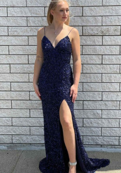 Sexy Navy Blue Sequined Prom Dress with Slit