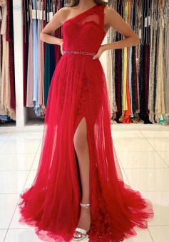 A Line red one shoulder tulle prom dress
