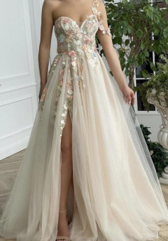 Floor Length Sweetheart Champagne Tulle Lace Prom Dress