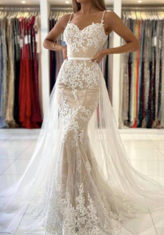 Mermaid lace long champagne prom dress