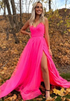 A Line Open Back Hot Pink Long Formal Evening Dresses