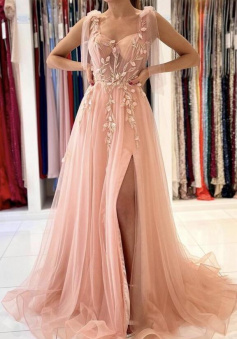 Beautiful Pink tulle sequins A line prom dress