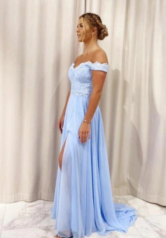 A line Blue chiffon lace prom dress