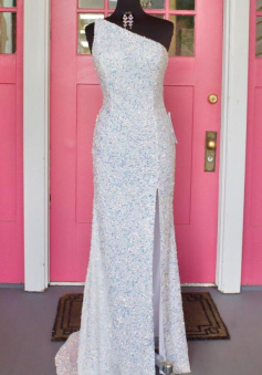 Simple One Shoulder Sequined Prom Dress with Slit