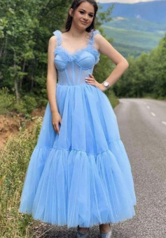 Light Sky Blue Tulle Tea Length Prom Dress