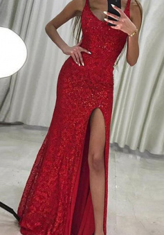 Floor-Length Red Lace Prom Dress with Sequins Split