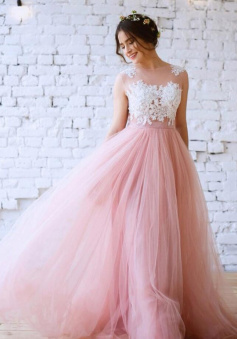 Princess A Line Pink Tulle Floor-length Lace Prom Wedding Dresses