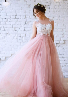 Princess A Line Pink Tulle Floor-length Lace Prom Wedding Dresses