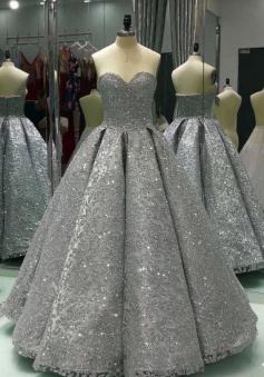 Floor Length Sweetheart Gray Sleeveless Long Sequin Prom Dresses