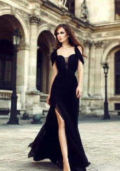 Elegant Chiffon Black Side Slit Prom Dresses