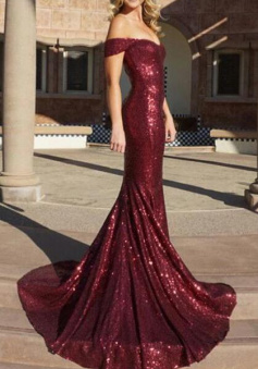 Off the Shoulder Burgundy Sequined Prom Dress