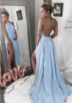 Sexy Halter Blue Backless Chiffon Prom Dress with Split